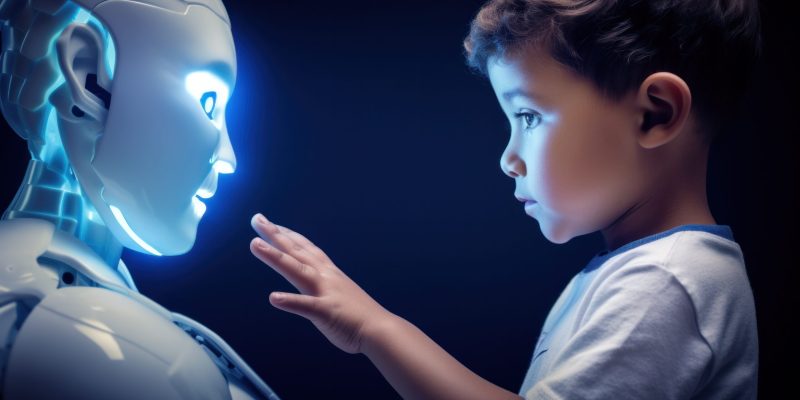 A young boy gazes at a robot, captivated by its presence and curious about its capabilities. Generative AI